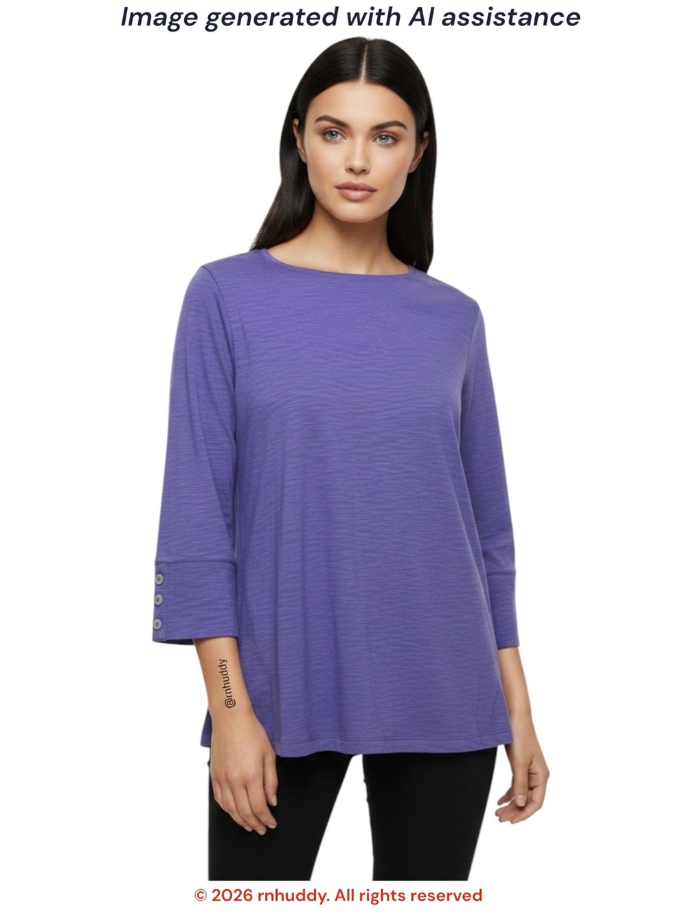 Chicos L cotton/modal purple 3/4 sleeve button cuff crew neck tee